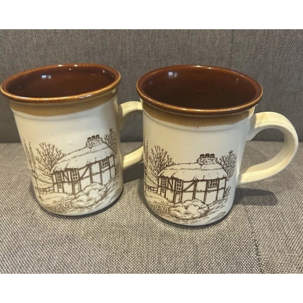 Vintage Bilton Stoneware Village Cottage England Cream & Brown Pair Mugs/ Cups